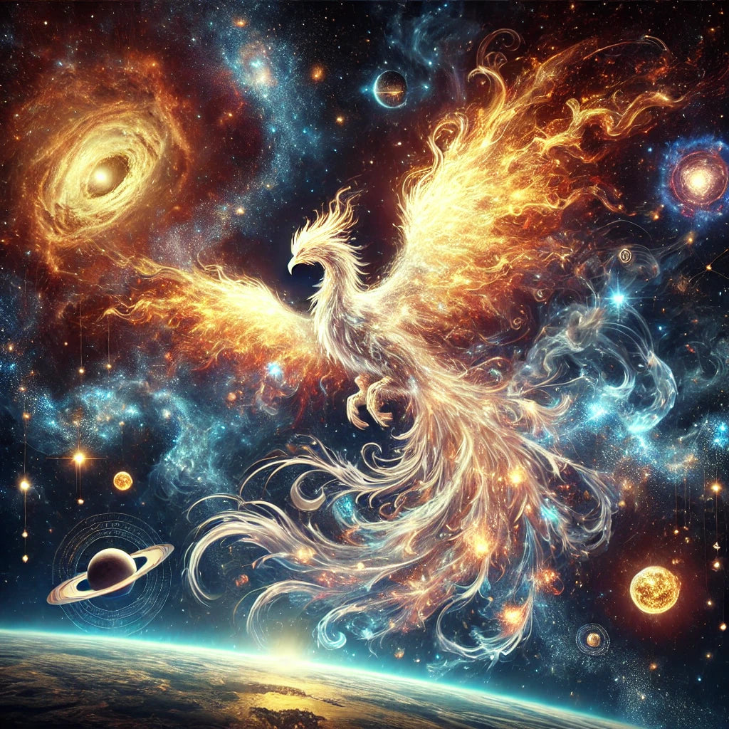Cosmic phoenix condor rising in flames among galaxies and planets, celestial fire wings, deep space digital art.