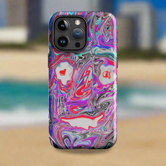 Abstract and vibrant ‘Ghost Surge’ phone case from KingZingz Photoz, featuring a trippy swirl of red, purple, and black with ghostly face elements. Designed for protection and style, with dual-layer impact resistance.